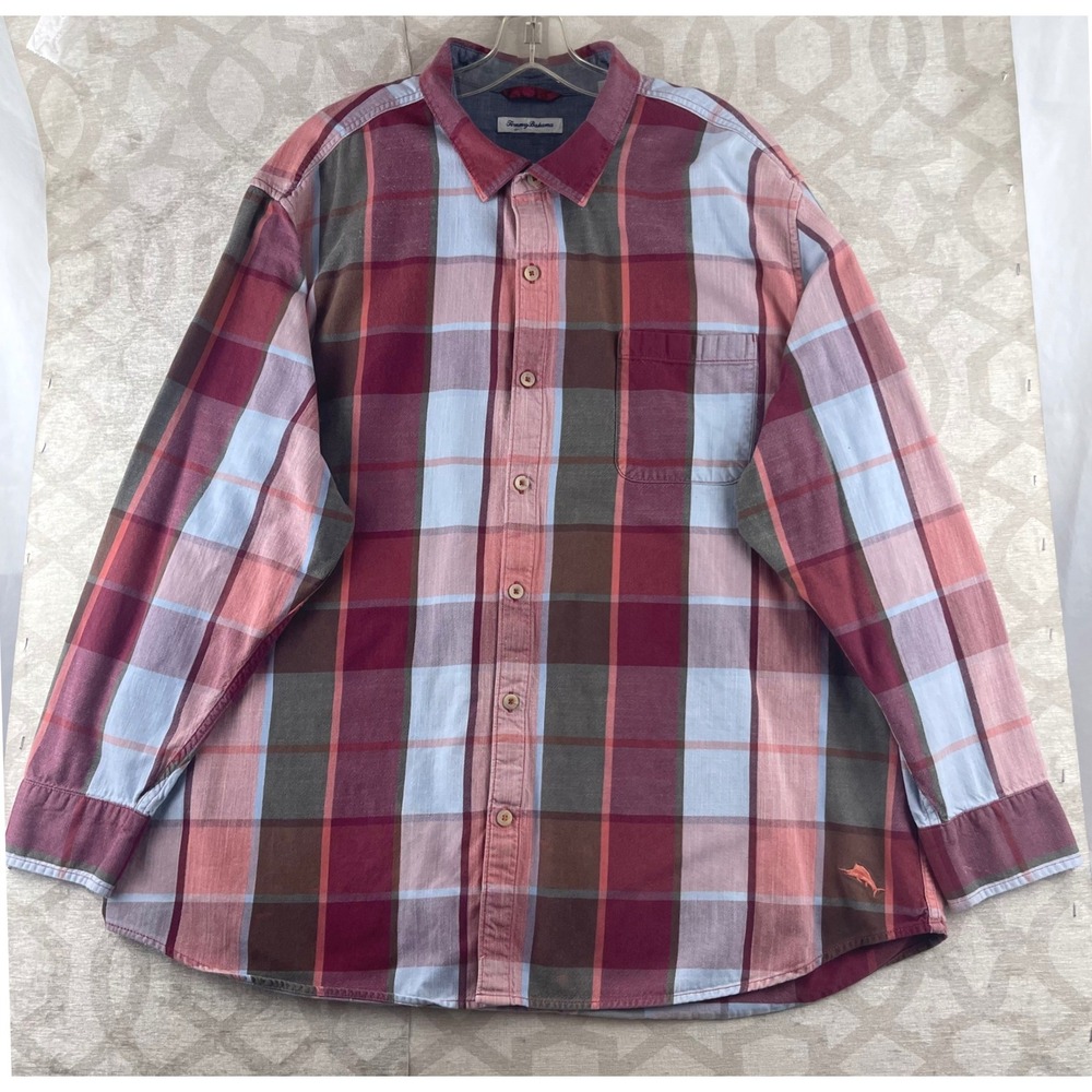 Tommy Bahama Mens XXXL Plaid Button Down Shirt Burgundy Blue Cotton Tencel Blend